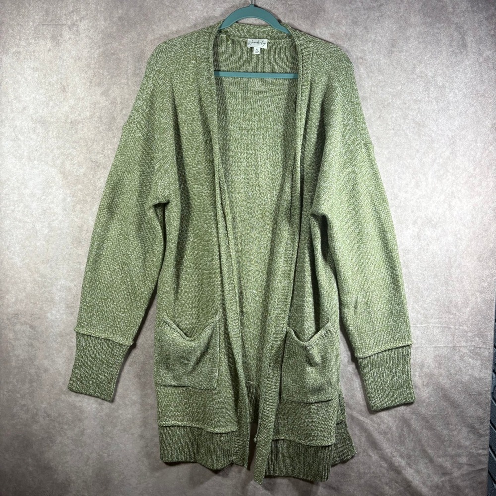 Wonderly Cardigan Women XL Green Open Front Long Sleeve Pockets Marled Knit Cozy